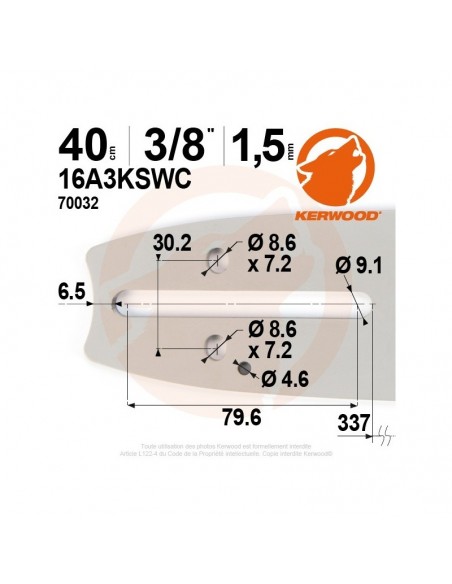 Guide tronçonneuse kerwood. 40cm. 3/8. 1,5 mm."