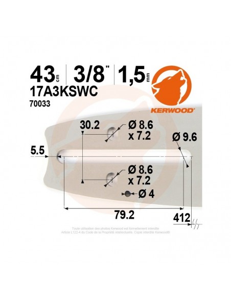 Guide tronçonneuse Kerwood. 43cm. 3/8". 1,5 mm