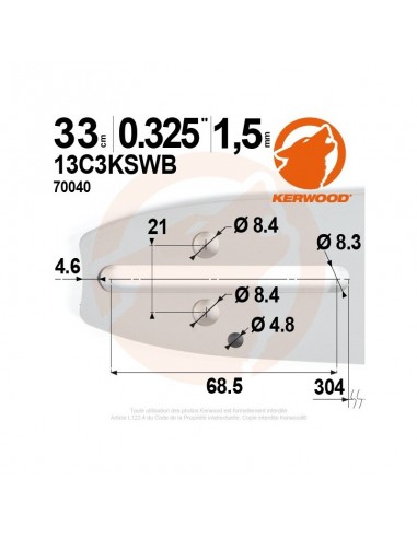 Guide tronçonneuse Kerwood. 33 cm, 0,325". 1,5 mm