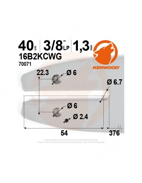 Guide tronçonneuse Kerwood. 40 cm, 3/8LP. 1,3 mm"