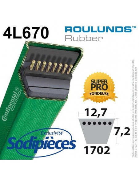 Courroie tondeuse 4L670 Roulunds Continental 12,7 x 7,2 x 1702 mm