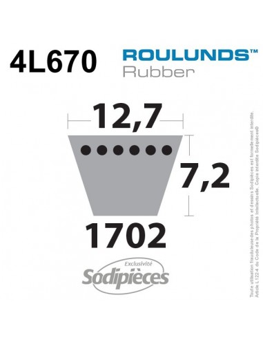 Courroie tondeuse 4L670 Roulunds Continental 12,7 x 7,2 x 1702 mm