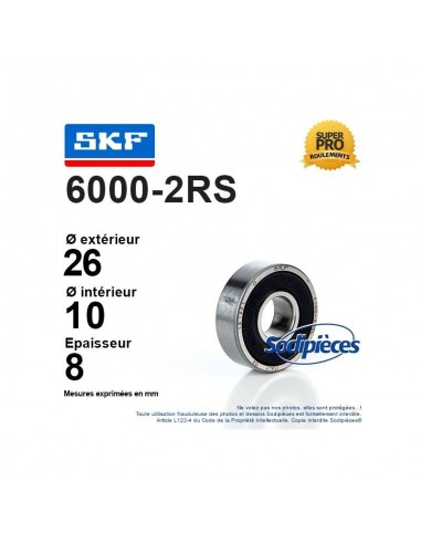 Roulement à billes 6000-2RS SKF. Double étanchéité
