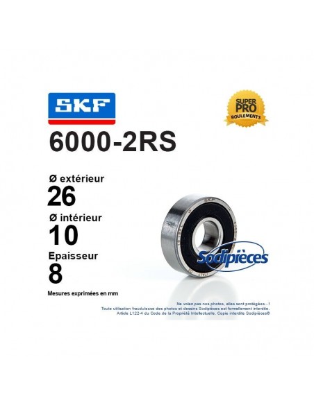 Roulement à billes 6000-2RS SKF. Double étanchéité