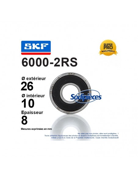 Roulement à billes 6000-2RS SKF. Double étanchéité