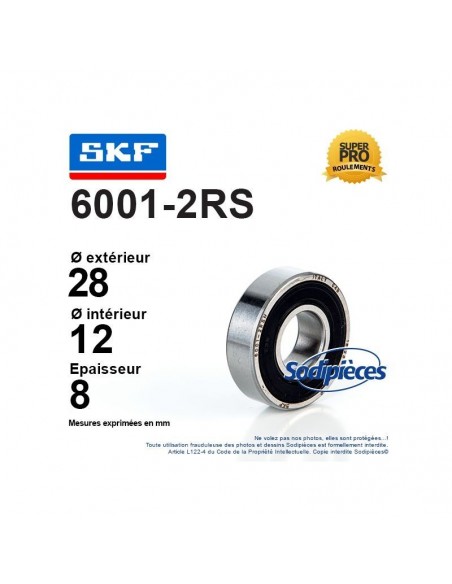 Roulement à billes 6001-2RS SKF. Double étanchéité