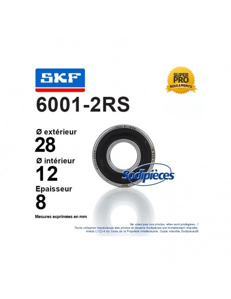 Roulement à billes 6001-2RS SKF. Double étanchéité