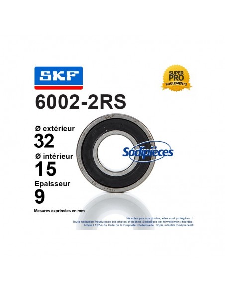 Roulement à billes 6002-2RS SKF. Double étanchéité