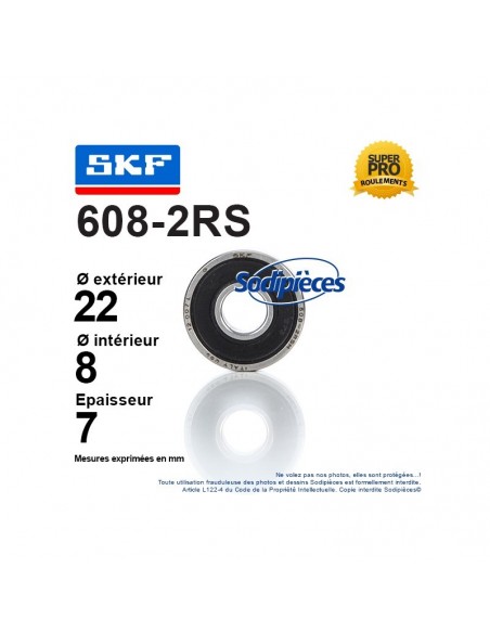 Roulement à billes 608-2RS SKF. Double étanchéité