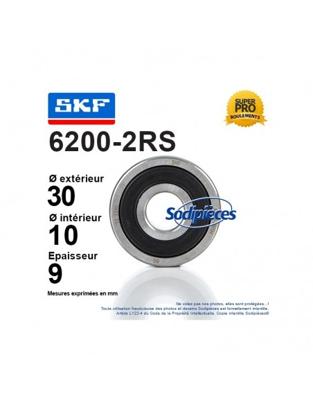 Roulement à billes 6200-2RS SKF. Double étanchéité