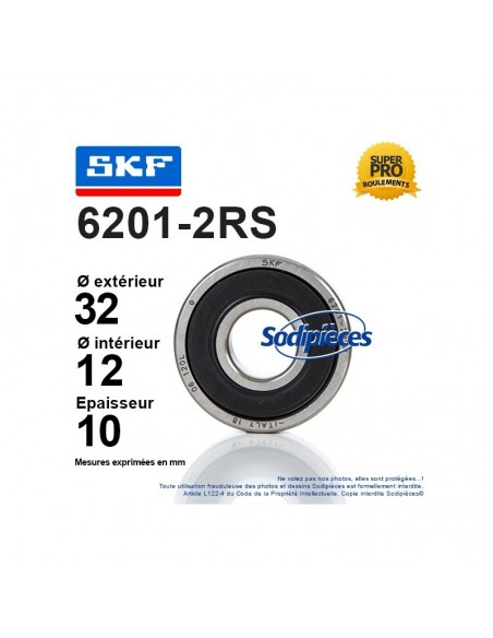 Roulement à billes 6201-2RS SKF. Double étanchéité