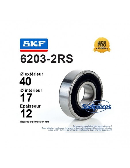 Roulement à billes 6203-2RS SKF. Double étanchéité