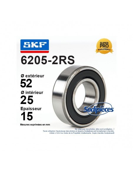 Roulement à billes 6205-2RS SKF. Double étanchéité