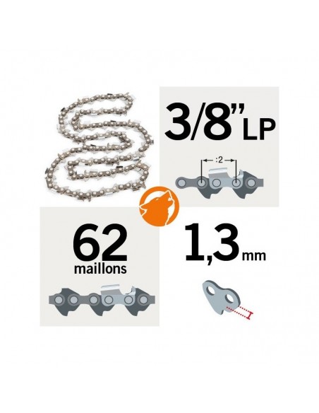 Chaîne tronçonneuse KERWOOD 62 maillons, 3/8 LP. 1,3 mm