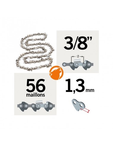 Chaîne tronçonneuse KERWOOD 56 maillons 3/8, 1,3mm. Gouge profil demi carré