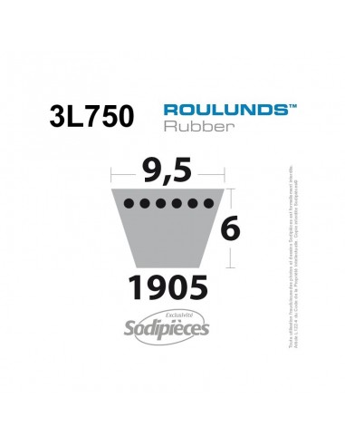 Courroie tondeuse 3L750 Roulunds Continental 9,5 x 6 x 1905 mm
