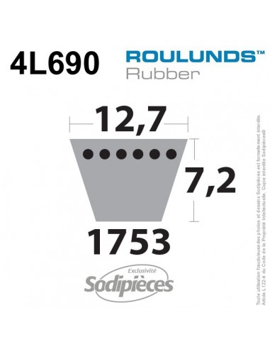 Courroie tondeuse 4L690 Roulunds Continental 12,7 x 7,2 x 1753 mm