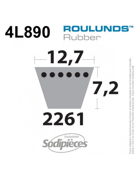 Courroie tondeuse 4L890 Roulunds Continental 12,7 x 7,2 x 2261 mm