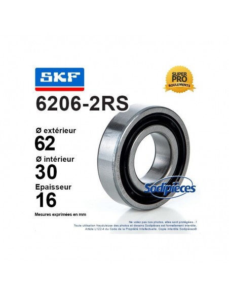 Roulement à billes 6206-2RS SKF. Double étanchéité