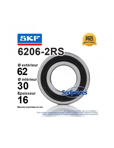 Roulement à billes 6206-2RS SKF. Double étanchéité