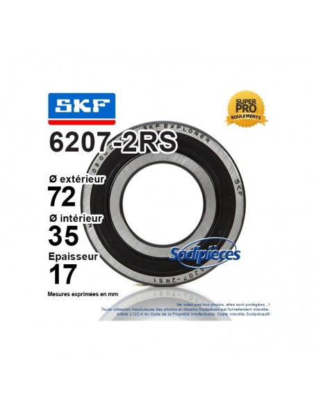 Roulement à billes 6207-2RS SKF. Double étanchéité