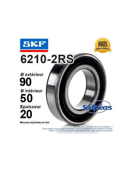 Roulement à billes 6210-2RS SKF. Double étanchéité