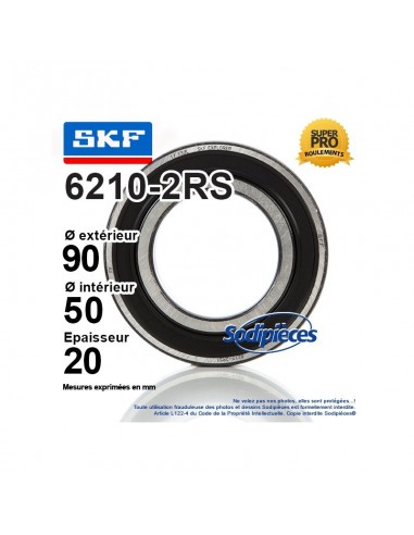 Roulement à billes 6210-2RS SKF. Double étanchéité