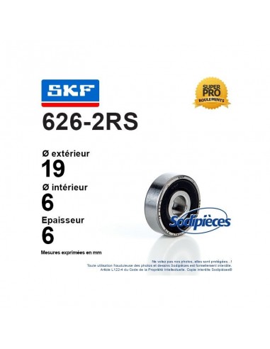 Roulement à billes 626-2RS SKF. Double étanchéité