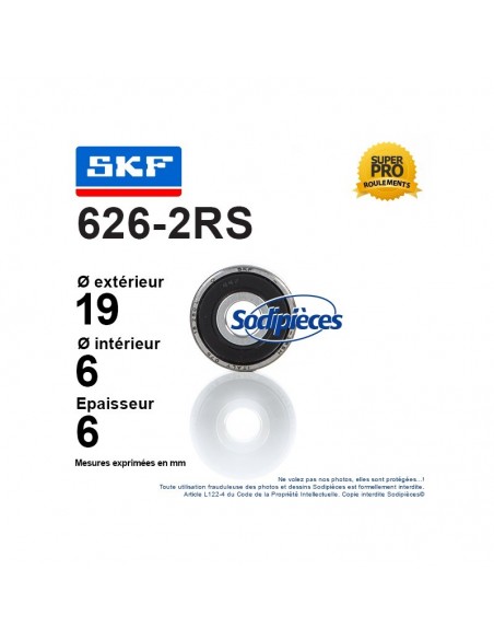 Roulement à billes 626-2RS SKF. Double étanchéité