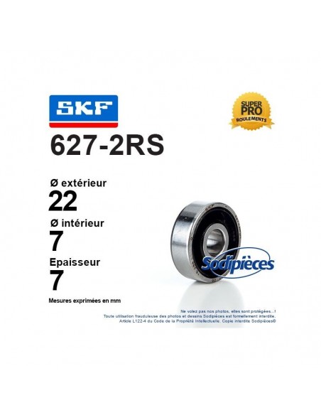 Roulement à billes 627-2RS SKF. Double étanchéité