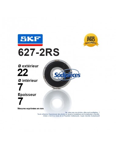 Roulement à billes 627-2RS SKF. Double étanchéité