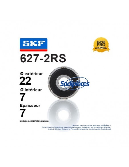 Roulement à billes 627-2RS SKF. Double étanchéité