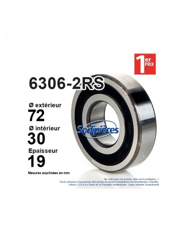 Roulement à billes 6306-2RS 1er Prix. Double étanchéité