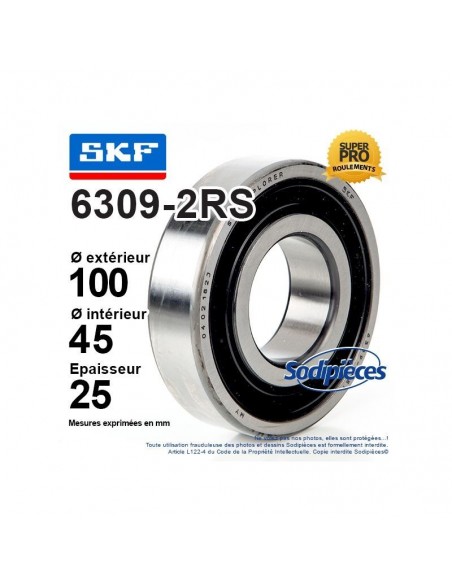 Roulement à billes 6309-2RS SKF. Double étanchéité