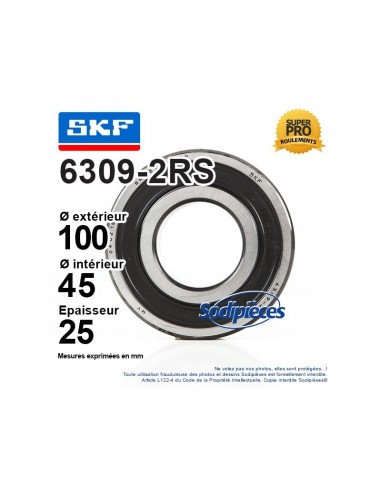 Roulement à billes 6309-2RS SKF. Double étanchéité