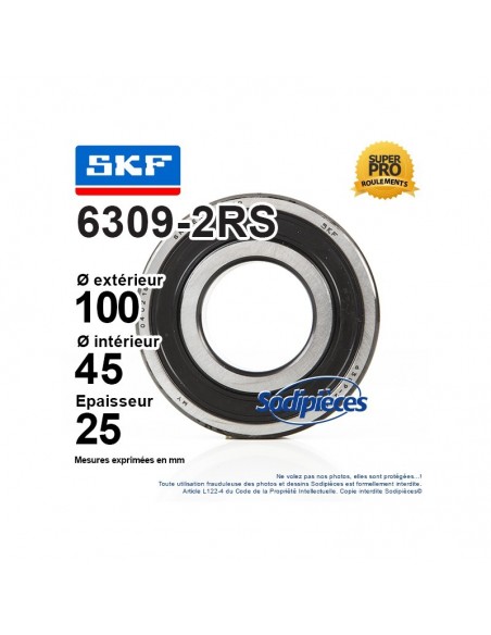 Roulement à billes 6309-2RS SKF. Double étanchéité
